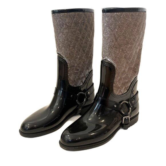 Stuart Weitzman 40/9.5 Quilted Metallic Rain Boots Black Faux Fur Lined - Picture 1 of 13
